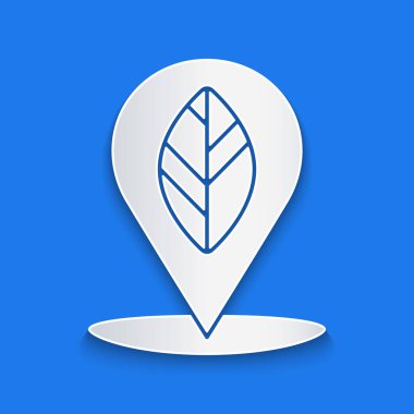 Kağıt kesiği konum broşu mavi arkaplanda yaprak ile izole edilmiş. Kağıt sanatı tarzı. Vektör İllüstrasyonu