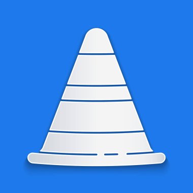 Paper cut Traffic cone icon isolated on blue background. Paper art style. Vector Illustration