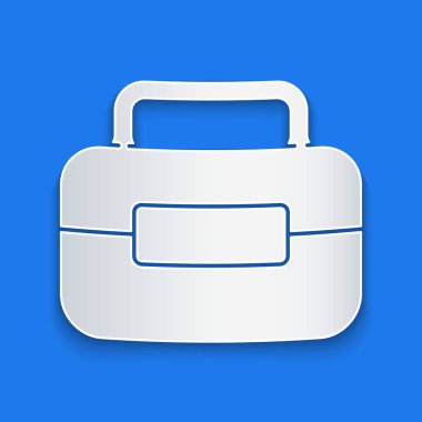 Kağıt kesiği Araç Kutusu simgesi mavi arkaplanda izole edildi. Alet kutusu tabelası. Kağıt sanatı tarzı. Vektör İllüstrasyonu