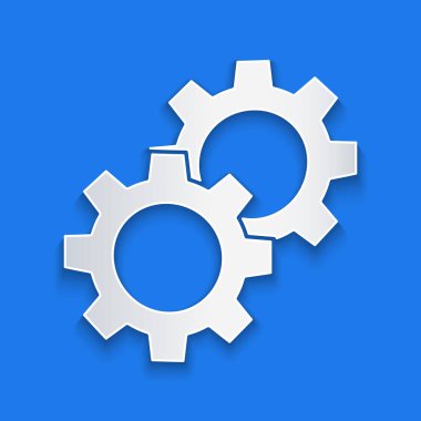 Kağıt kesiği Vites simgesi mavi arkaplanda izole edildi. Çarklı teçhizat ayarları. İşçi sembolü. Kağıt sanatı tarzı. Vektör İllüstrasyonu