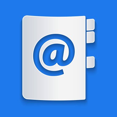 Kağıt kesilmiş adres defteri simgesi mavi arka planda yalıtılmış. Defter, adres, iletişim, dizin, telefon, telefon rehberi simgesi. Kağıt sanatı tarzı. Vektör Illustration