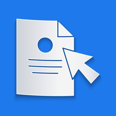 Kağıt kesiği Belge ve imleç simgesi mavi arkaplanda izole edildi. Dosya simgesi. Kontrol listesi simgesi. İş konsepti. Kağıt sanatı tarzı. Vektör İllüstrasyonu