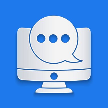 Kağıt kesme Yeni sohbet iletileri bildirim mavi arkaplan izole monitör simgesi üzerinde. Smartphone sohbet mesajları konuşma baloncukları. Kağıt sanatı tarzı. Vektör İllüstrasyonu
