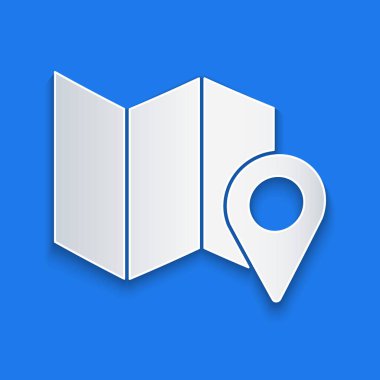 Kağıt kesiği haritası mavi arkaplanda izole edilmiş konum imleci simgesi ile. Kağıt sanatı tarzı. Vektör İllüstrasyonu