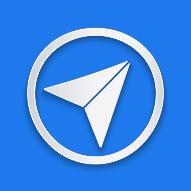 Kağıt kesimi Şehir Haritası yön bulma simgesi mavi arkaplanda izole edildi. Arayüz tasarımı. Yer belirleme konsepti. Kağıt sanatı tarzı. Vektör İllüstrasyonu