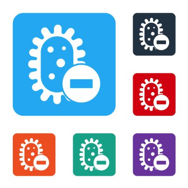 Beyaz arkaplanda beyaz negatif virüs simgesi var. Corona virüsü 2019-nCoV. Bakteri ve mikroplar, hücre kanseri, mikrop, mantar. Renkli kare düğmelerle simgeleri ayarla. Vektör İllüstrasyonu