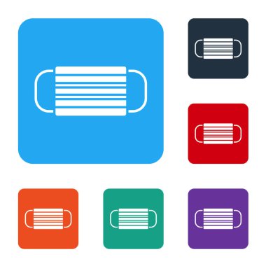 Beyaz medikal koruyucu maske simgesi beyaz arkaplanda izole edildi. Renkli kare düğmelerle simgeleri ayarla. Vektör İllüstrasyonu