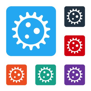 Beyaz arkaplanda beyaz virüs simgesi izole edildi. Corona virüsü 2019-nCoV. Bakteri ve mikroplar, hücre kanseri, mikrop, mantar. Renkli kare düğmelerle simgeleri ayarla. Vektör İllüstrasyonu