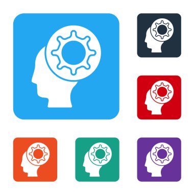 Beyaz insan ve virüs ikonu beyaz arka planda izole edildi. Corona virüsü 2019-nCoV. Bakteri ve mikroplar, hücre kanseri, mikrop, mantar. Renkli kare düğmelerle simgeleri ayarla. Vektör İllüstrasyonu