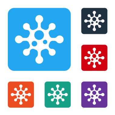 Beyaz arkaplanda beyaz virüs simgesi izole edildi. Corona virüsü 2019-nCoV. Bakteri ve mikroplar, hücre kanseri, mikrop, mantar. Renkli kare düğmelerle simgeleri ayarla. Vektör İllüstrasyonu