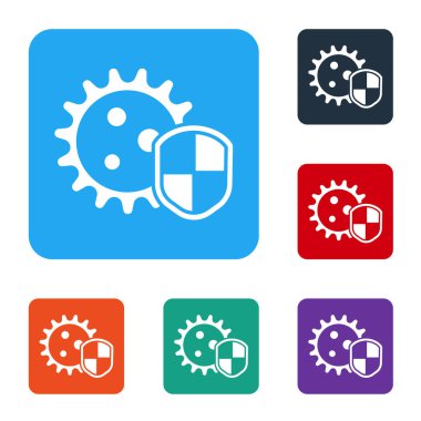 Beyaz arka planda virüslerden, mikroplardan ve bakteri ikonlarından korunan beyaz kalkan. Bağışıklık sistemi konsepti. Corona virüsü 2019-nCoV. Renkli kare düğmelerle simgeleri ayarla. Vektör İllüstrasyonu