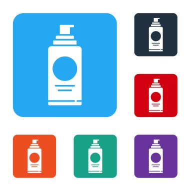 Saç spreyi için beyaz sprey kutusu, deodorant, beyaz arka planda izole edilmiş terleme önleyici ikon. Renkli kare düğmelerle simgeleri ayarla. Vektör İllüstrasyonu