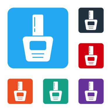 Beyaz arka planda beyaz tırnak cilası ikonu var. Renkli kare düğmelerle simgeleri ayarla. Vektör İllüstrasyonu