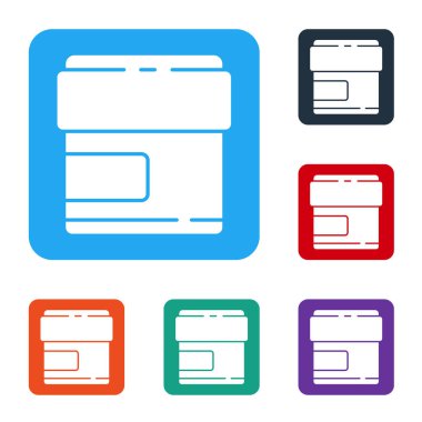 Beyaz arka planda beyaz krem ya da losyon kozmetik tüp ikonu var. Erkekler için vücut bakım ürünleri. Renkli kare düğmelerle simgeleri ayarla. Vektör İllüstrasyonu