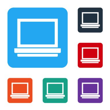 Beyaz arka planda izole edilmiş ayna ikonlu beyaz makyaj tozu. Renkli kare düğmelerle simgeleri ayarla. Vektör İllüstrasyonu