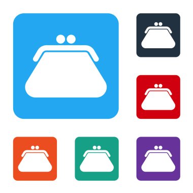 Beyaz arka planda beyaz debriyaj çantası simgesi izole edildi. Kadın el çantası. Renkli kare düğmelerle simgeleri ayarla. Vektör İllüstrasyonu