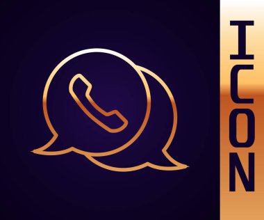 Siyah arkaplanda konuşma balonu sohbet ikonu olan altın satırlı telefon. Müşteri hizmetlerini, yardım hattını, çağrı merkezini, faq 'ı destekleyin. Vektör İllüstrasyonu