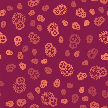 Kahverengi çizgi kalkanı virüslerden, mikroplardan ve bakteri ikonlarından korunuyor. Kırmızı arka planda izole edilmiş bir iz var. Bağışıklık sistemi konsepti. Corona virüsü 2019-nCoV. Vektör İllüstrasyonu