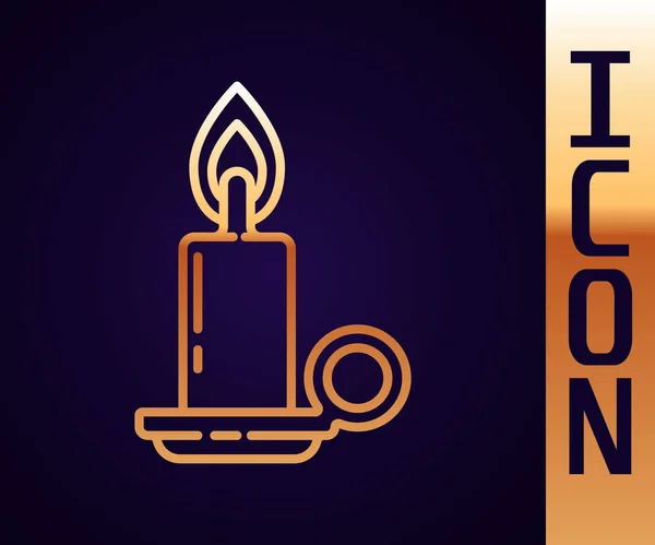 Goldlinie Brennende Kerze Kerzenständer Symbol Isoliert Auf Schwarzem Hintergrund Zylindrischer — Stockvektor
