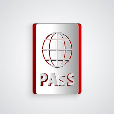 Gri arkaplanda biyometrik veri simgesi olan pasaport kesimi. Kimlik Belgesi. Kağıt sanatı tarzı. Vektör İllüstrasyonu