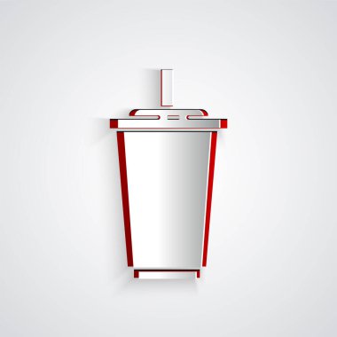 Kağıt kesiği, kağıt kesiği ve gri arka planda izole edilmiş saman ve su ikonu. Soda bardağı. Taze soğuk içecek sembolü. Kağıt sanatı tarzı. Vektör İllüstrasyonu