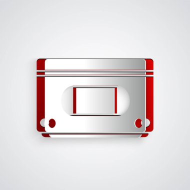 Kağıt kesiği VHS video kaset ikonu gri arkaplanda izole edildi. Kağıt sanatı tarzı. Vektör İllüstrasyonu