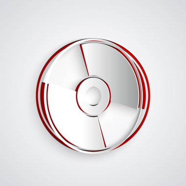 Kağıt kesimi CD veya DVD disk simgesi gri arkaplanda izole edildi. Küçük disk işareti. Kağıt sanatı tarzı. Vektör İllüstrasyonu