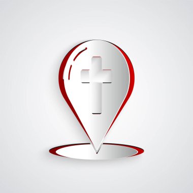 Kağıt kesikli harita işaretçisi ve gri arkaplanda Hristiyan haç simgesi var. Kağıt sanatı tarzı. Vektör İllüstrasyonu