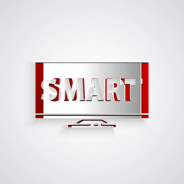 Папір вирізав екран телевізора з піктограмою технології Smart video ізольовано на сірому фоні. Стиль паперового мистецтва. Векторна ілюстрація — стоковий вектор