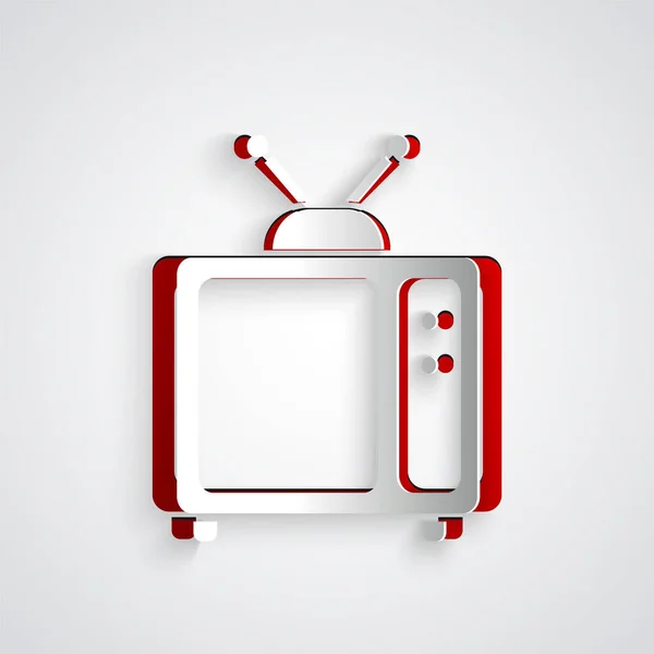 Corte de papel icono retro tv aislado sobre fondo gris. Señal de televisión. Estilo de arte de papel. Ilustración vectorial — Archivo Imágenes Vectoriales