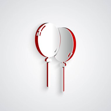 Kağıt kesiği, gri arkaplanda izole edilmiş kurdele ikonu olan balonlar. Mutlu Paskalyalar. Kağıt sanatı tarzı. Vektör İllüstrasyonu