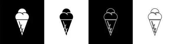 Set Ice Cream Waffle Cone Icon Isolated Black White Background — Stock Vector