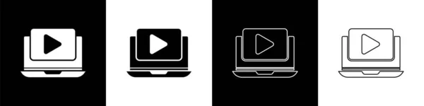 Установить Онлайн Воспроизведение Видео Значок Изолирован Черно Белом Фоне Ноутбук — стоковый вектор