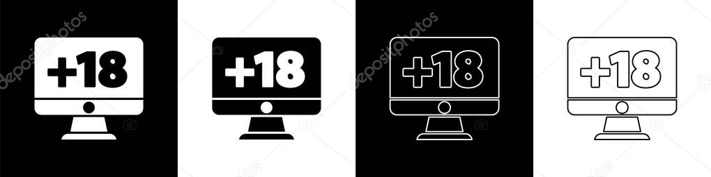Set Computer monitor with 18 plus content icon isolated on black and white background. Age restriction symbol. Sex content sign. Adult channel.  Vector Illustration