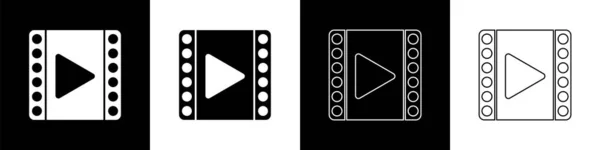 黒と白の背景に分離された再生ビデオアイコンを設定します フィルムストリップサイン ベクターイラスト — ストックベクタ