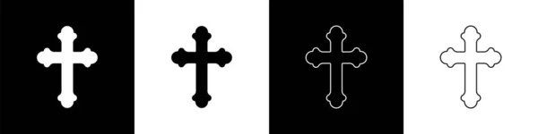 Stel Christelijke Kruis Pictogram Geïsoleerd Zwart Wit Achtergrond Kerkkruis Vector — Stockvector