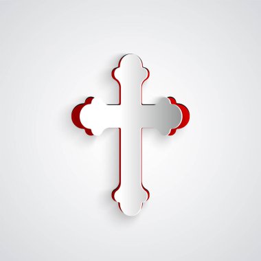 Kağıt kesiği Hıristiyan haç simgesi gri arkaplanda izole edildi. Kilise haçı. Kağıt sanatı tarzı. Vektör İllüstrasyonu