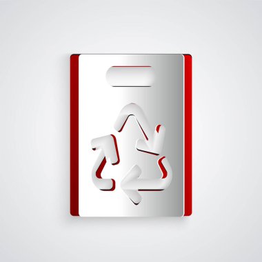 Kağıt gri arka plan üzerinde izole geri dönüşüm simgesi ile Kağıt kesme Kağıt alışveriş çantası. Geri dönüşüm sembolü ile çanta. Kağıt sanat tarzı. Vektör İllüstrasyonu