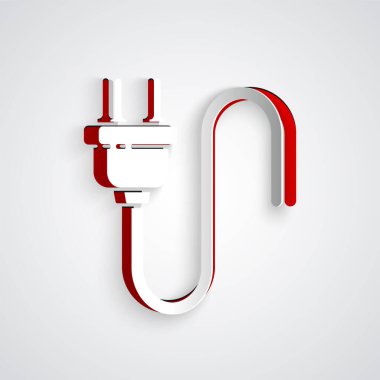 Kağıt kesiği Elektrik prizi simgesi gri arkaplanda izole edildi. Bağlantı kavramı ve elektriğin kesilmesi. Kağıt sanatı tarzı. Vektör İllüstrasyonu