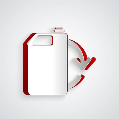 Kağıt kesilmiş Eko yakıt kutusu kutusu simgesi gri arka plan üzerinde izole. Eko biyo ve varil. Yeşil çevre ve geri dönüşüm. Kağıt sanat tarzı. Vektör İllüstrasyonu