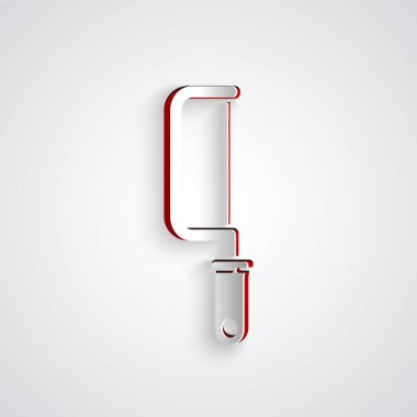 Kağıt kesiği Testeresi simgesi gri arkaplanda izole edildi. Tahta ve metal testeresi. Kağıt sanatı tarzı. Vektör İllüstrasyonu