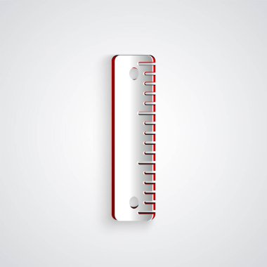 Kağıt kesiği cetvel simgesi gri arkaplanda izole edildi. Düz sembol. Kağıt sanatı tarzı. Vektör İllüstrasyonu