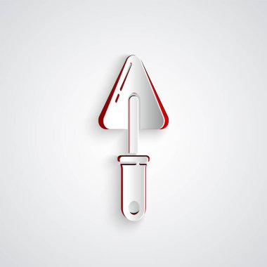 Kağıt kesiği Trowel simgesi gri arkaplanda izole edildi. Kağıt sanatı tarzı. Vektör İllüstrasyonu