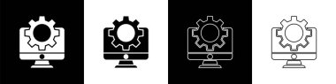 Bilgisayar monitörünü ve dişli simgesini siyah ve beyaz arkaplanda izole et. Ayarlama, servis, ayar, bakım, onarım, onarım. Vektör İllüstrasyonu