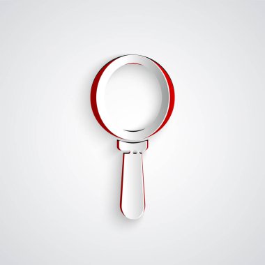 Kağıt kesiği büyüteç simgesi gri arkaplanda izole edilmiş. Arama, odaklanma, yakınlaştırma, iş sembolü. Kağıt sanatı tarzı. Vektör İllüstrasyonu