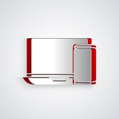 Kağıt kesiği bilgisayar monitörü ve cep telefonu simgesi gri arkaplanda izole edildi. İnternetten kazanç, pazarlama. Kağıt sanatı tarzı. Vektör İllüstrasyonu