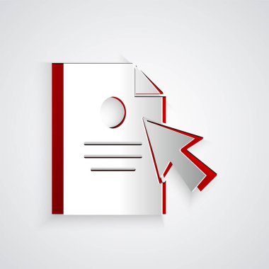 Kağıt kesiği Belge ve imleç simgesi gri arkaplanda izole edildi. Dosya simgesi. Kontrol listesi simgesi. İş konsepti. Kağıt sanatı tarzı. Vektör İllüstrasyonu