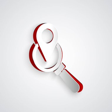 Kağıt kesiği Arama konumu simgesi gri arkaplanda izole edildi. İşaretli büyüteç. Kağıt sanatı tarzı. Vektör İllüstrasyonu