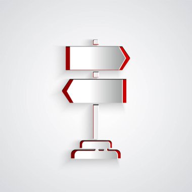 Kağıt kesiği trafik levhası. Gri arkaplanda sinyal simgesi izole edildi. İşaretçi sembolü. İzole sokak bilgi levhası. Yön tabelası. Kağıt sanatı tarzı. Vektör İllüstrasyonu