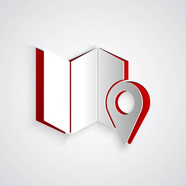 Kağıt kesikli harita, gri arkaplanda izole edilmiş konum imleci simgesi var. Kağıt sanatı tarzı. Vektör İllüstrasyonu